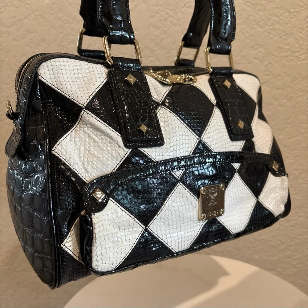 MCM Black and White Checker Satchel